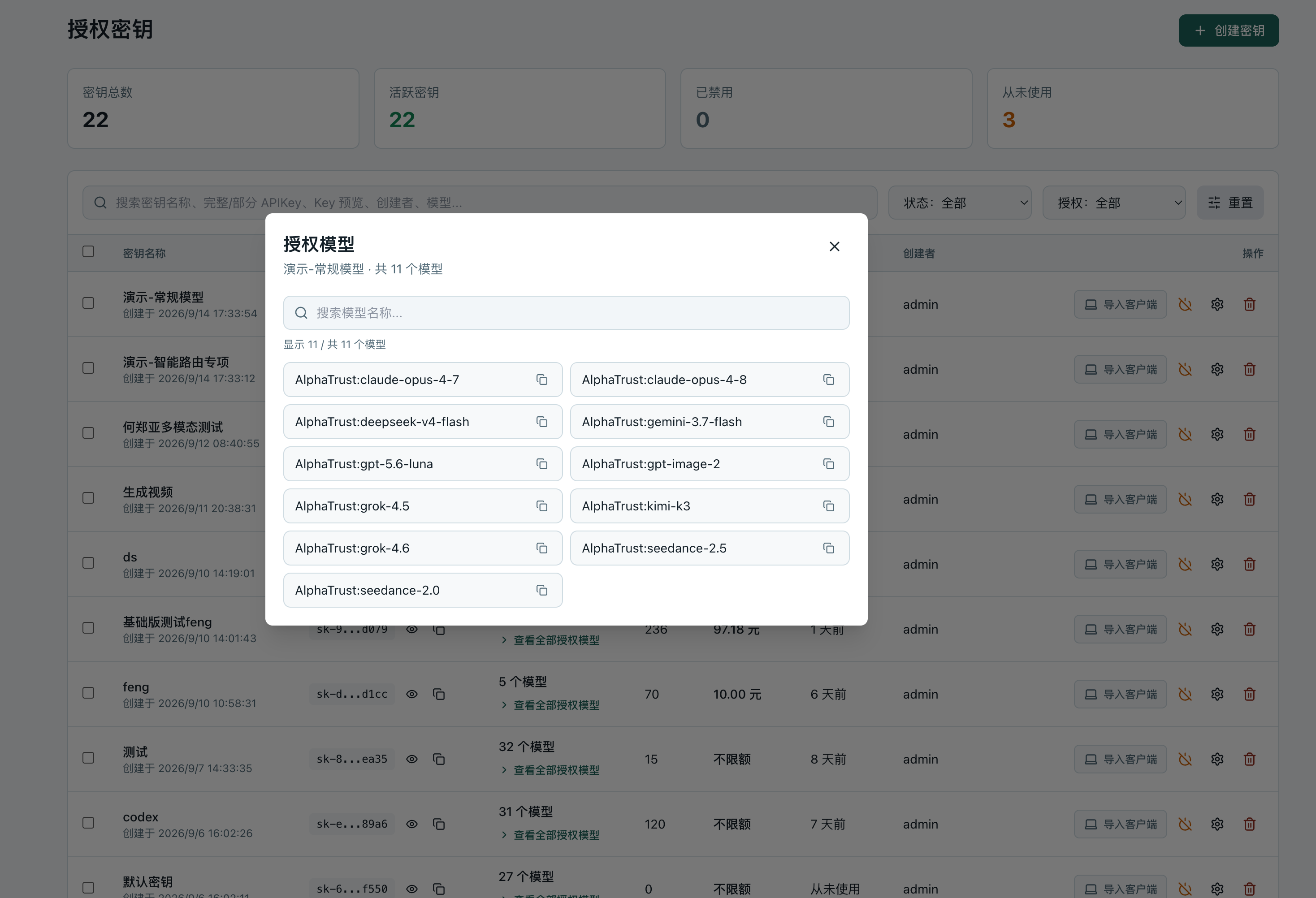 模型网关中授权模型的界面